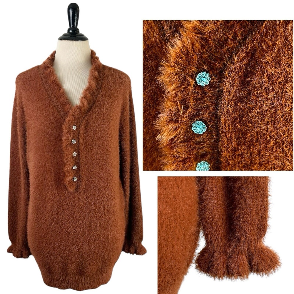 CEZELE cz Fuzzy Ruffle SWEATER M Rhinestone Buttons Eyelash Rust Orange Henley
